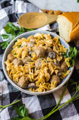 Meatball stroganoff with black and white checkered cloth