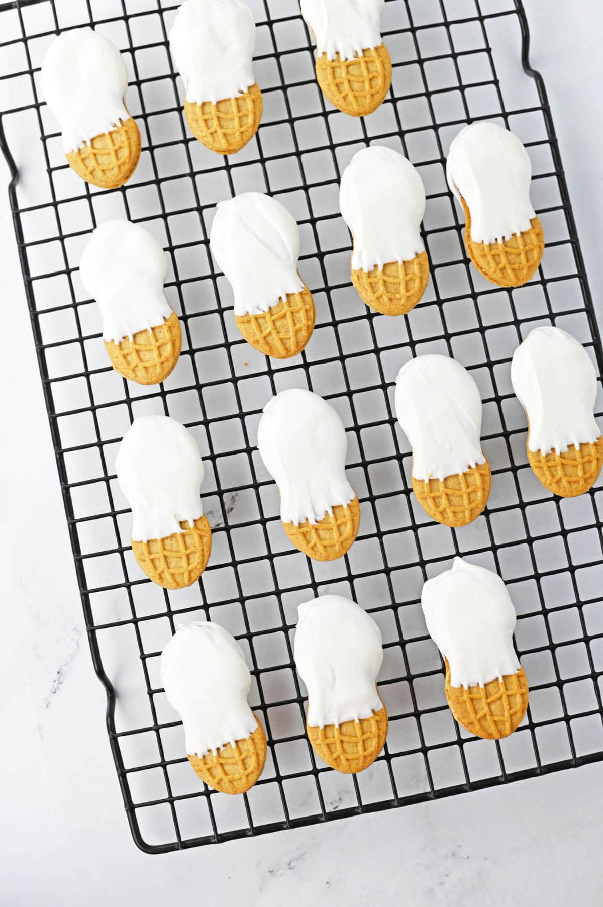 Nutter Butter cookies dipped in white chocolate melts