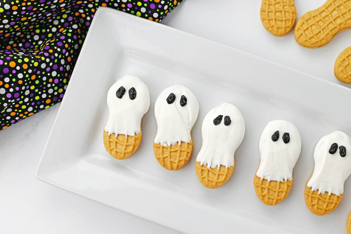 Nutter Butter cookies decorated like ghosts