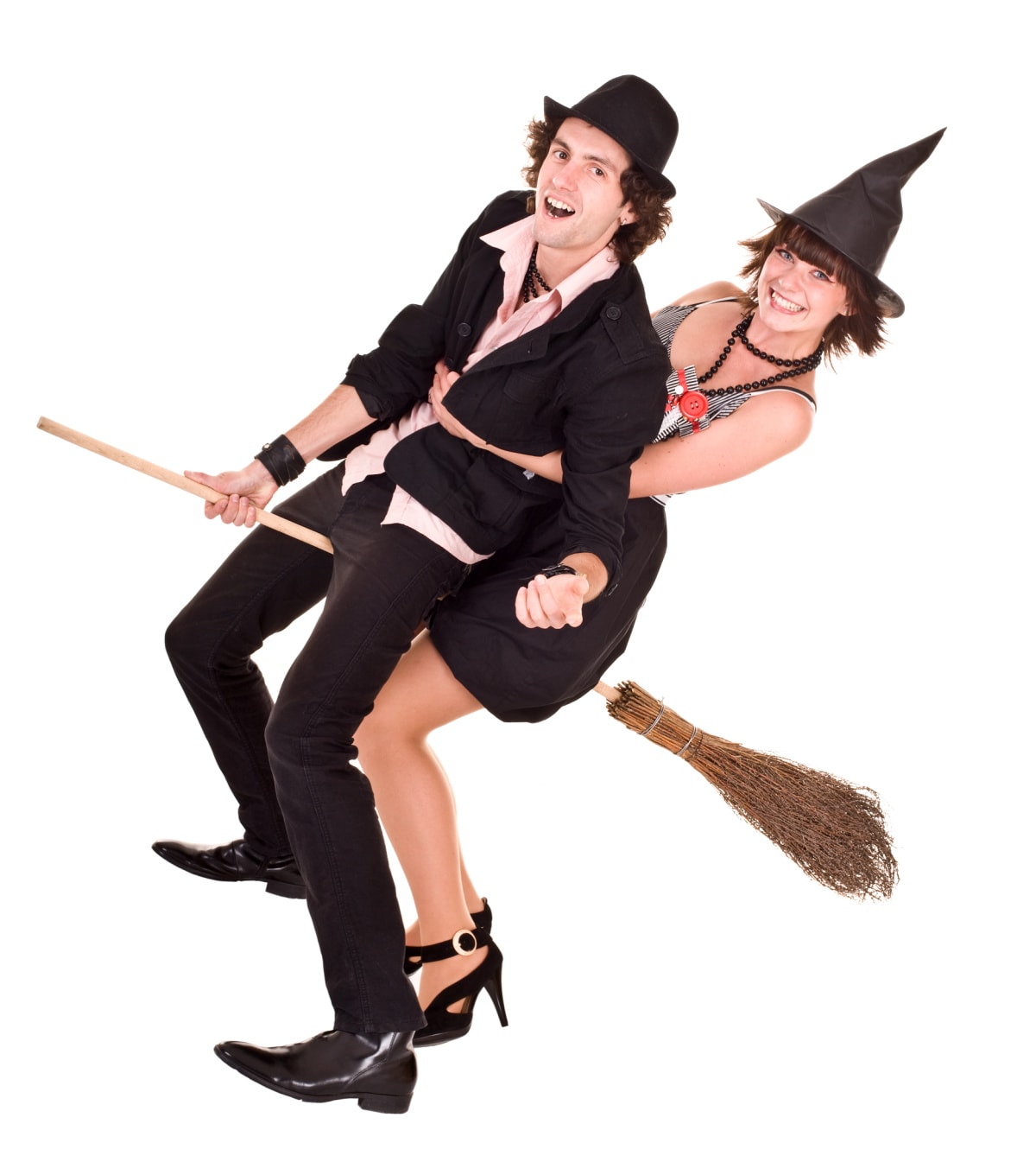A man and woman riding a broom on a white background.