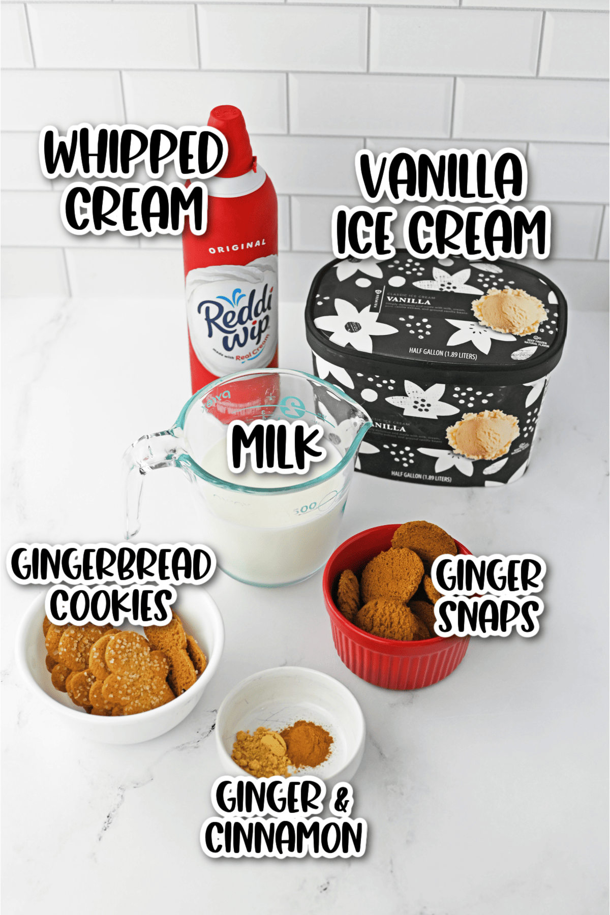 Ingredients for gingerbread milkshake on counter