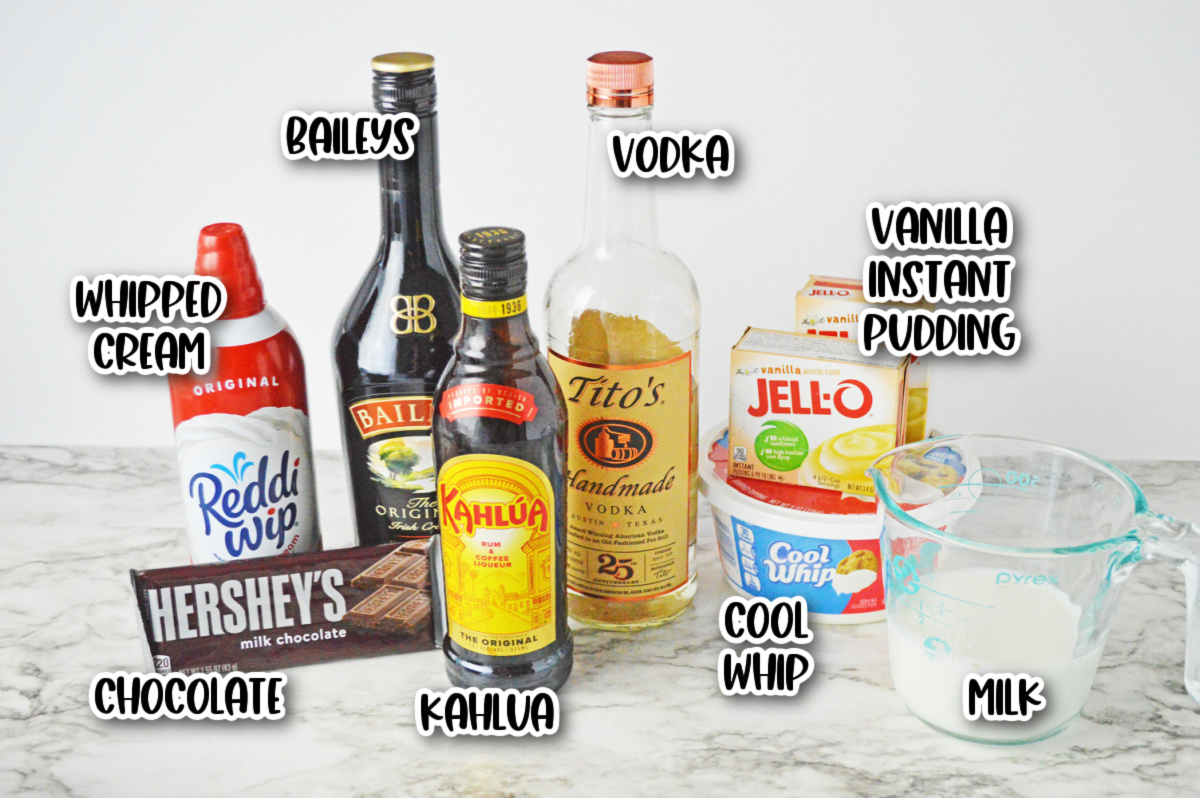 A list of ingredients for a mudslide pudding shots