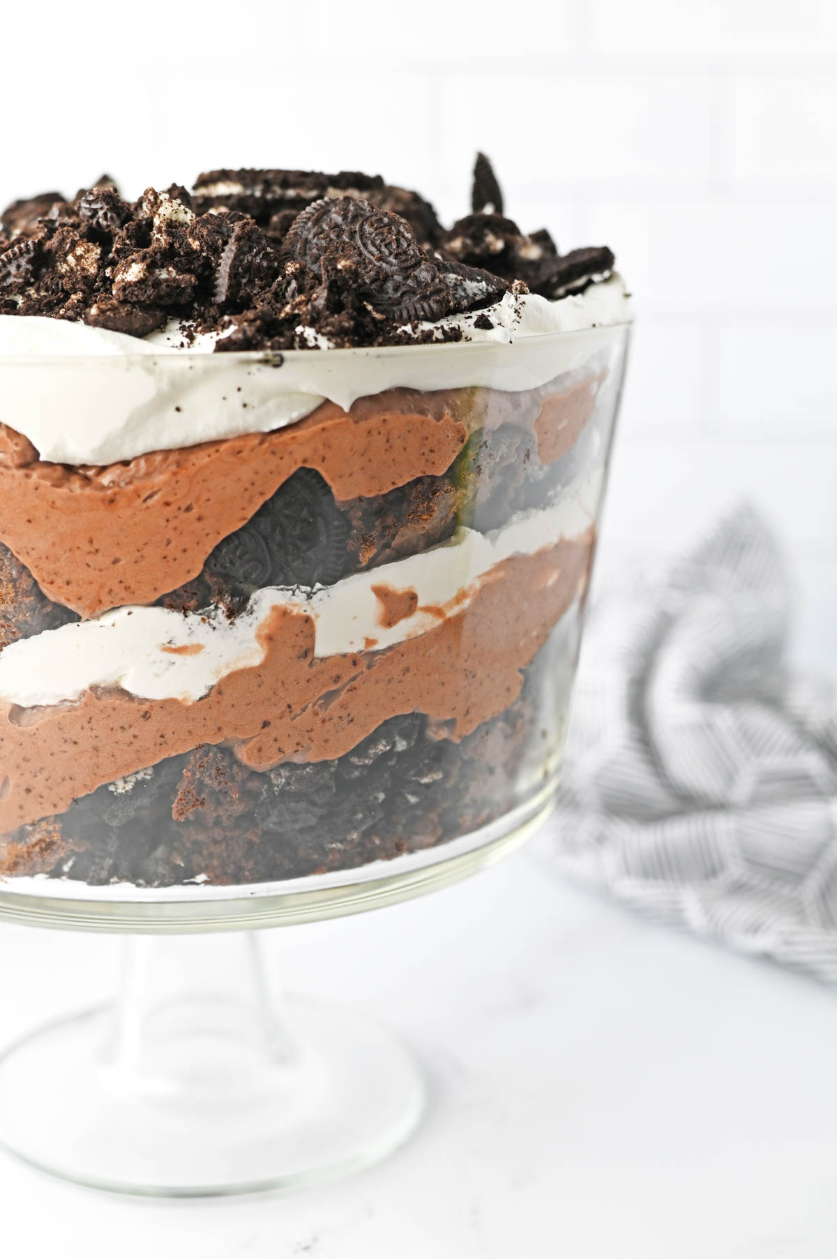 Oreo Brownie Trifle in glass trifle dish