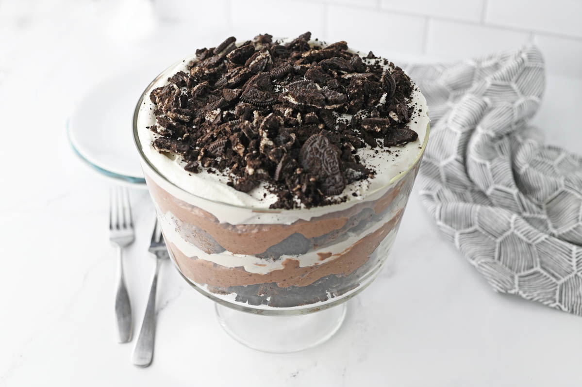 Oreo Brownie Trifle with gray and white napkin