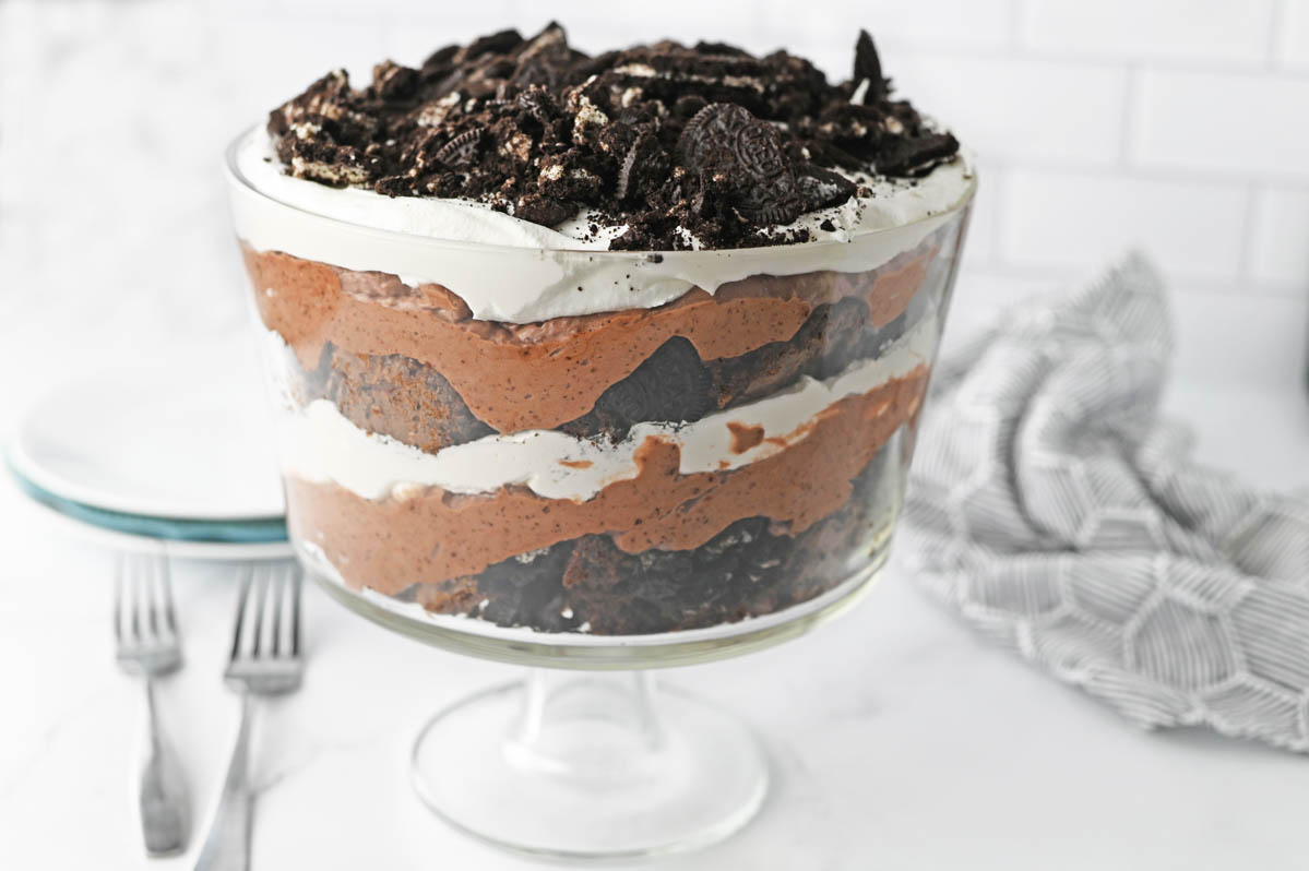 Chocolate Oreo Trifle on white counter