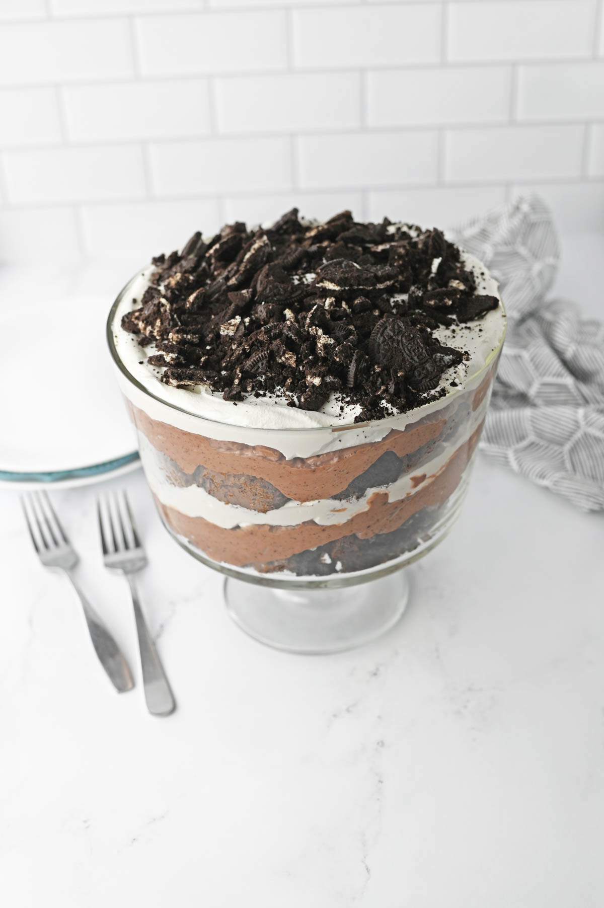Oreo Brownie Trifle on white countertop