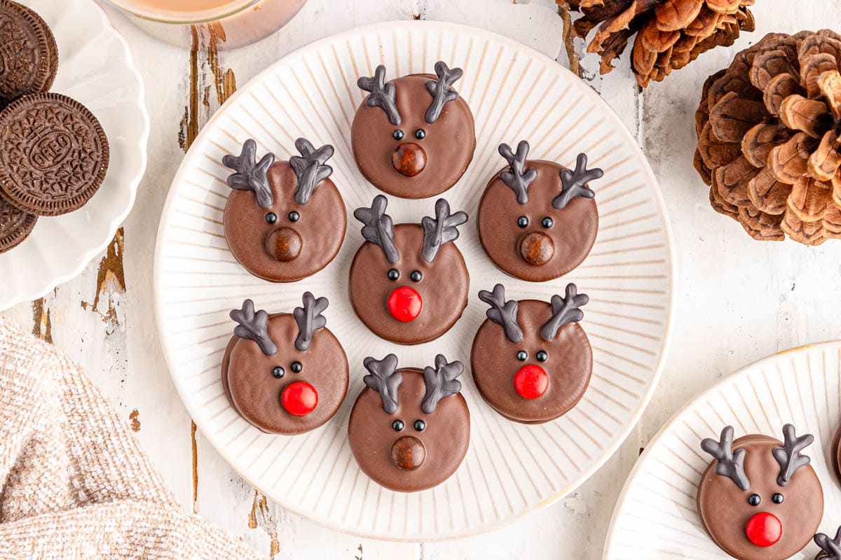 Chocolate reindeer cookies on a plate next to a cup of coffee.
