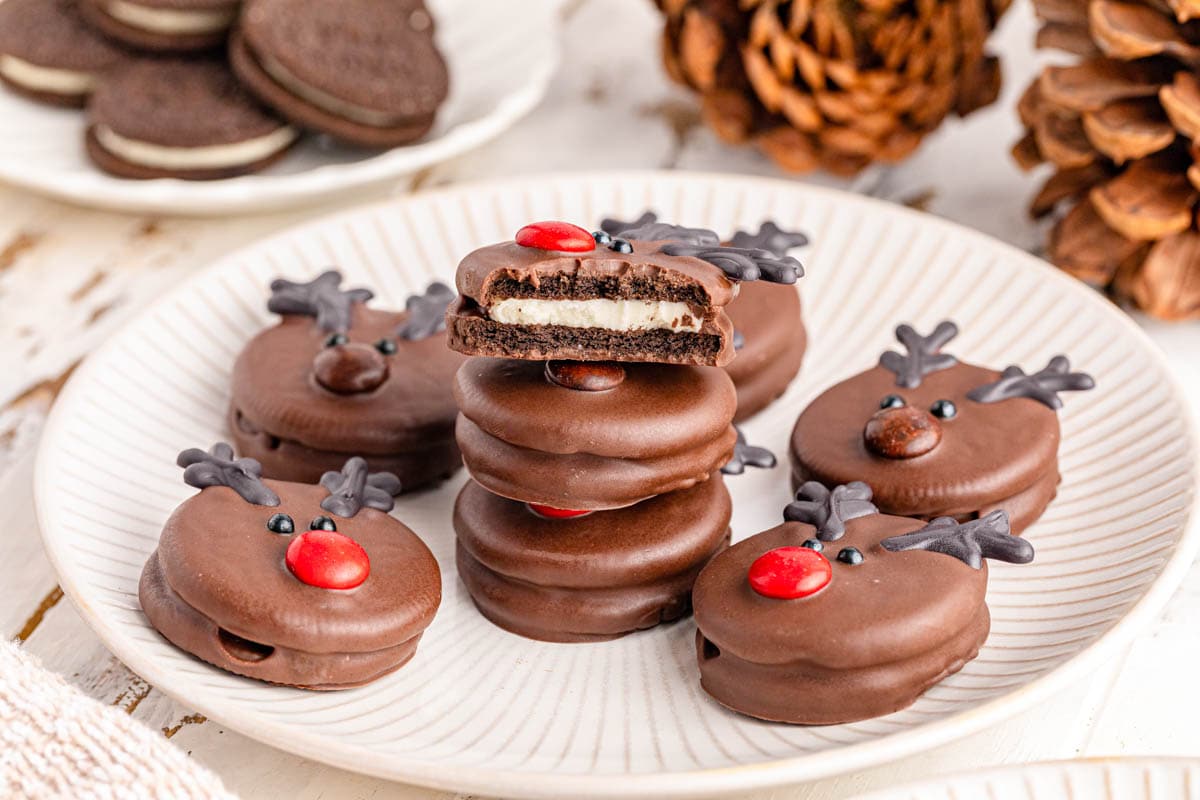 Oreo reindeer cookies on a plate.
