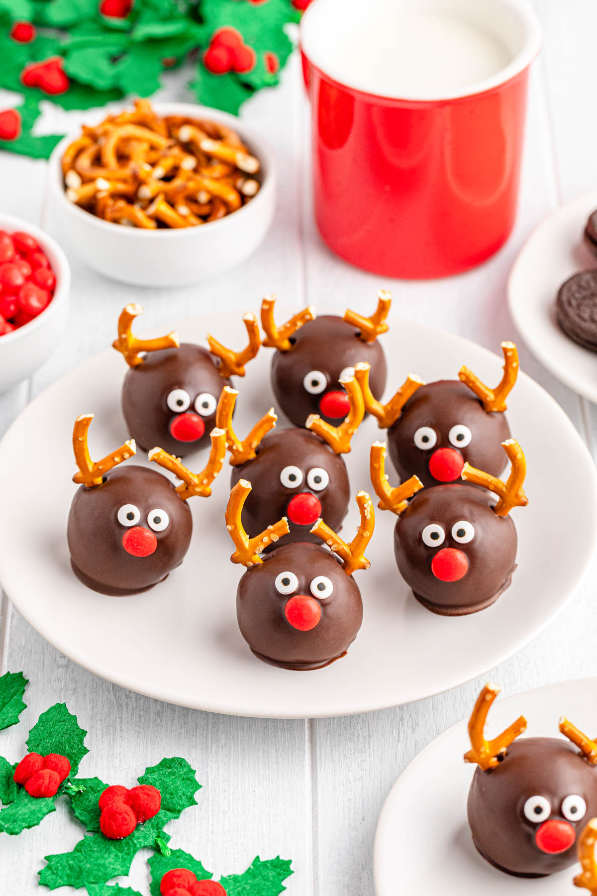 Chocolate reindeer balls on a plate.