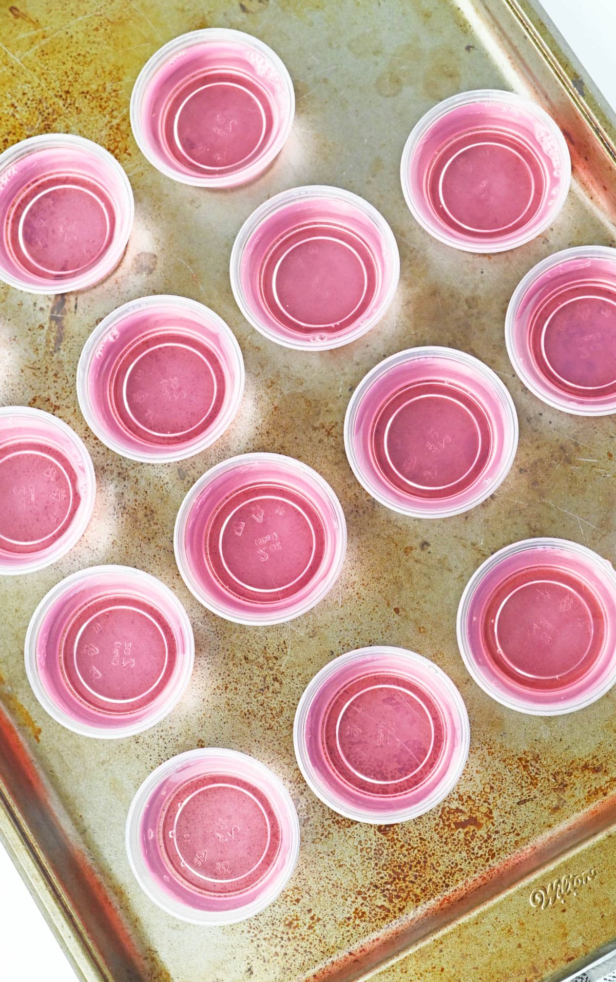 A tray of pink jello shots on a baking sheet.