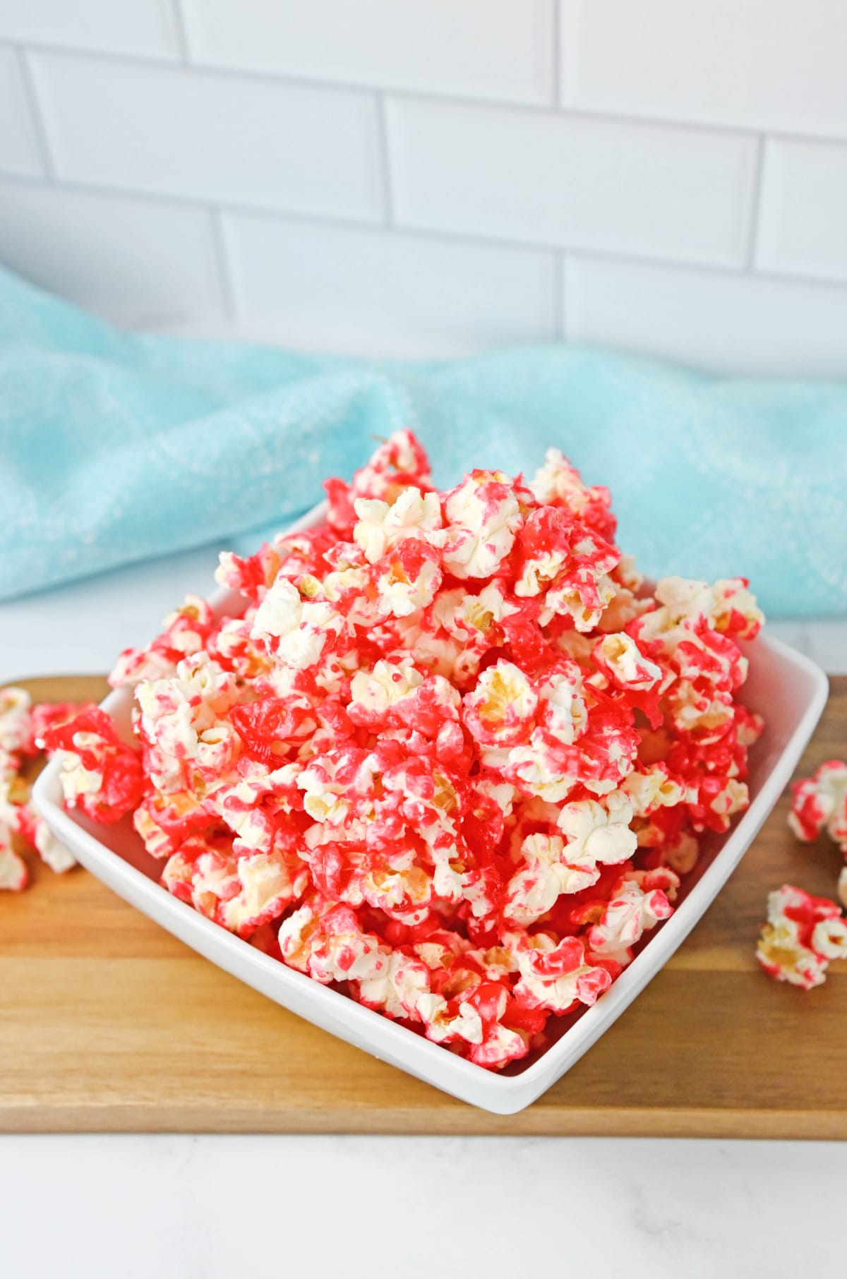 Strawberry popcorn in white bowl