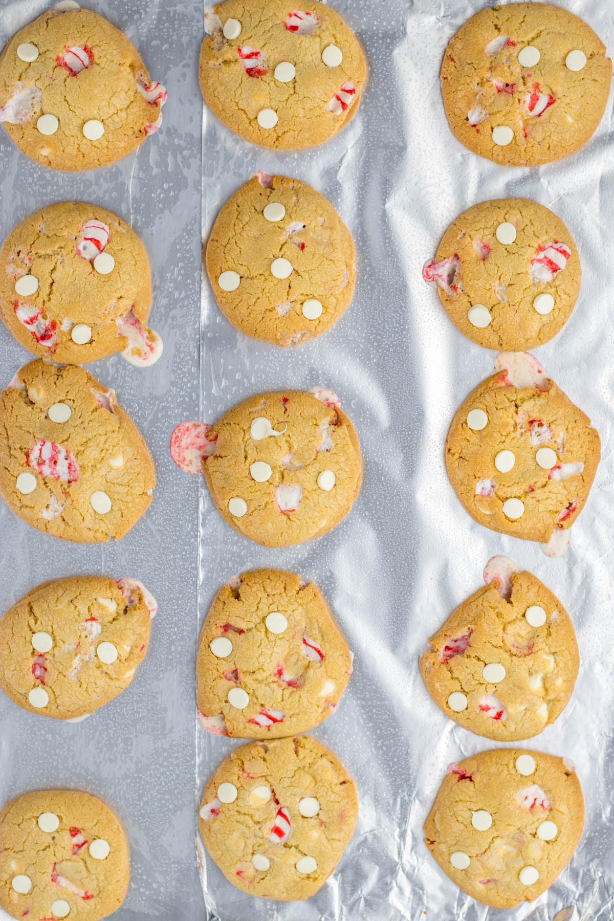 White chocolate peppermint cookies on a baking sheet.
