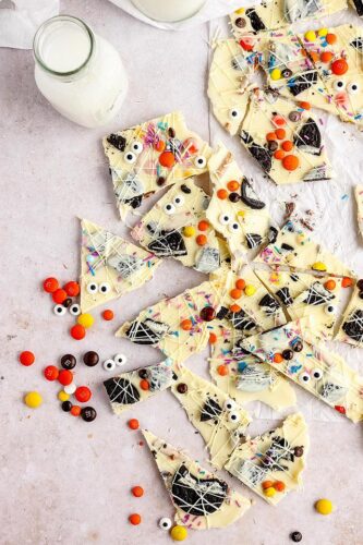 Halloween bark with sprinkles and candy.