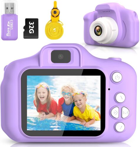 A purple camera with a memory card and a memory card.