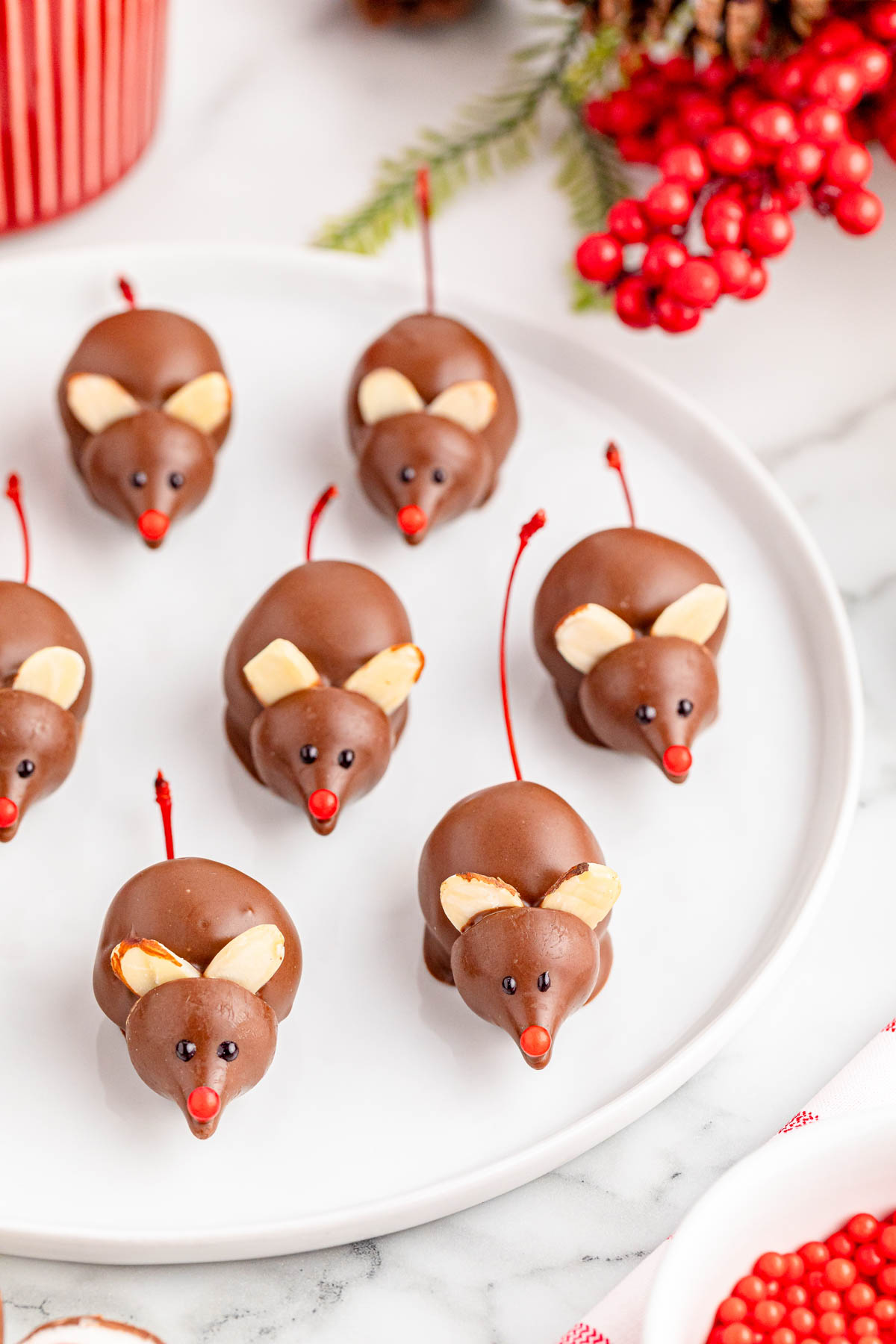 Chocolate mice on a plate with red and white decorations.
