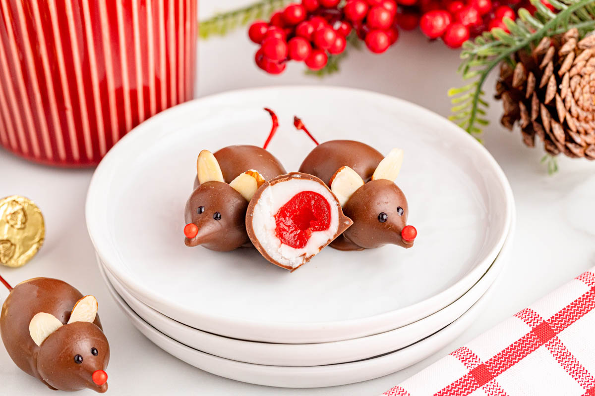Chocolate mice on a plate next to a pine cone