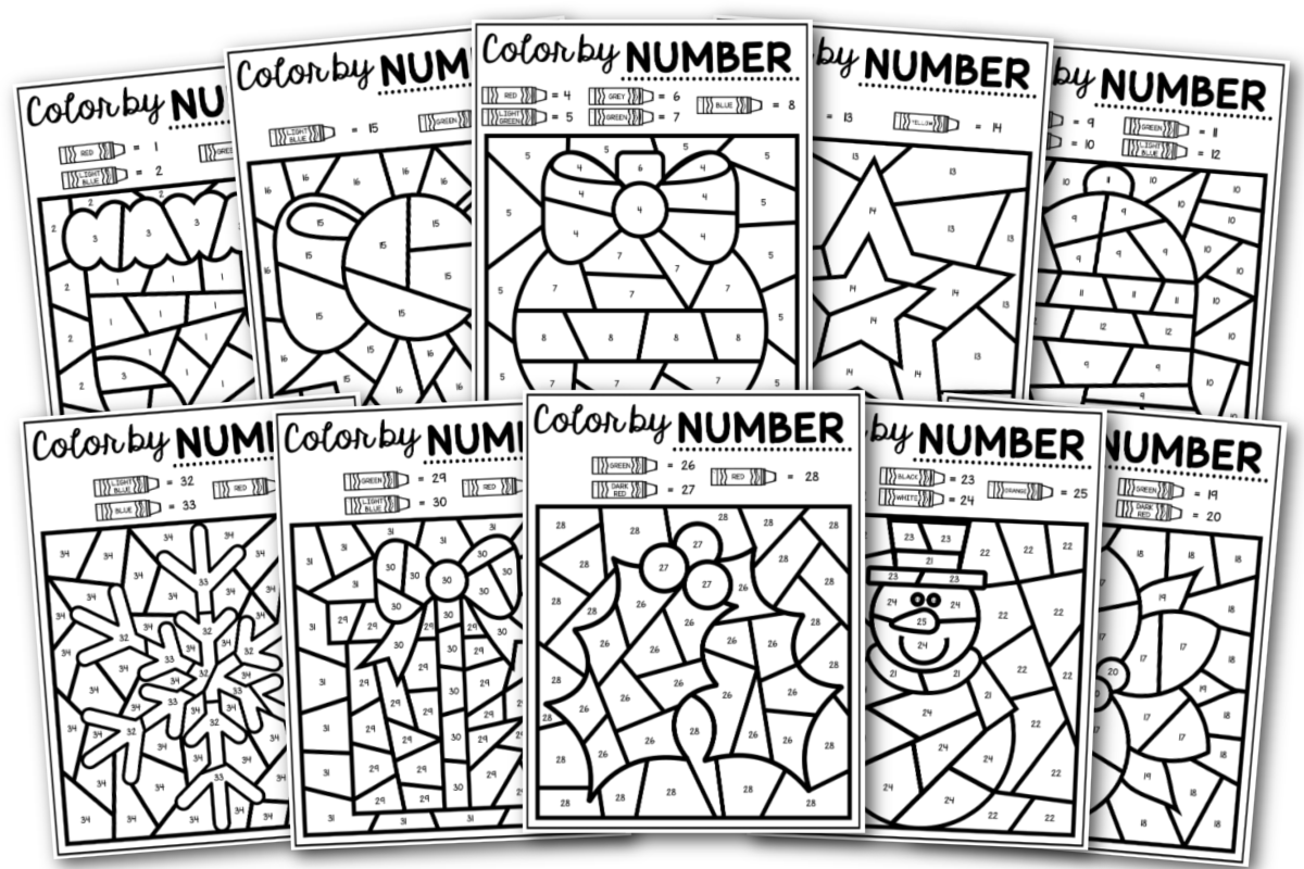 A set of coloring pages with numbers on them.