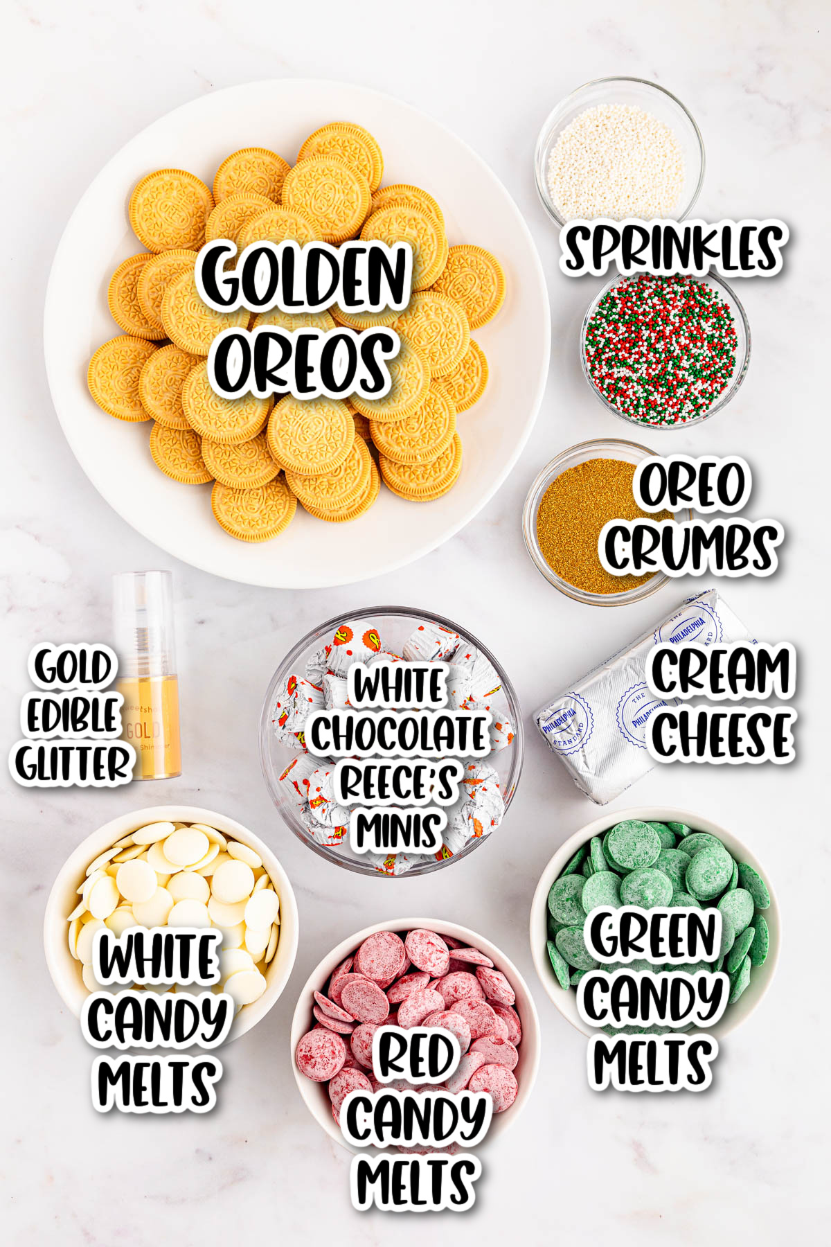 Ingredients for Christmas Oreo Balls labeled