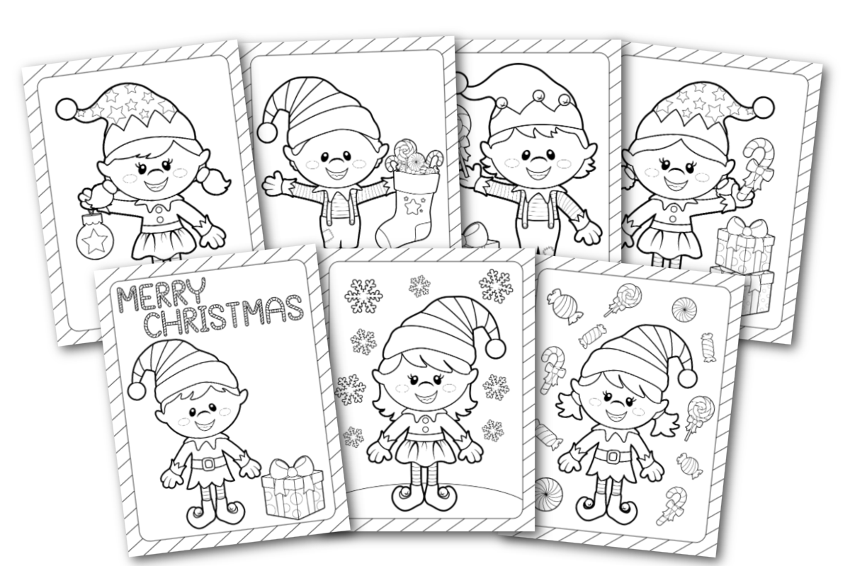 A set of christmas coloring pages with elf characters.