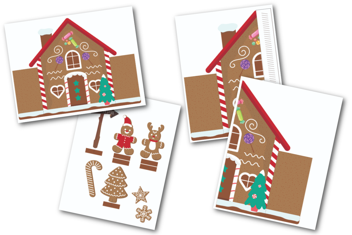 A set of four cards with a gingerbread house on them.