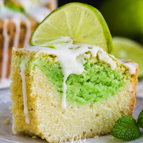 A slice of lime cake on a plate with icing.