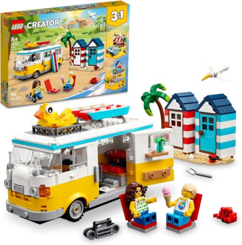 A lego camper van set with a beach scene.
