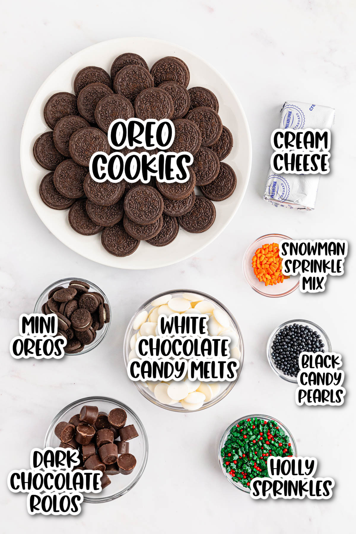 Oreo cookie ingredients on a white plate.