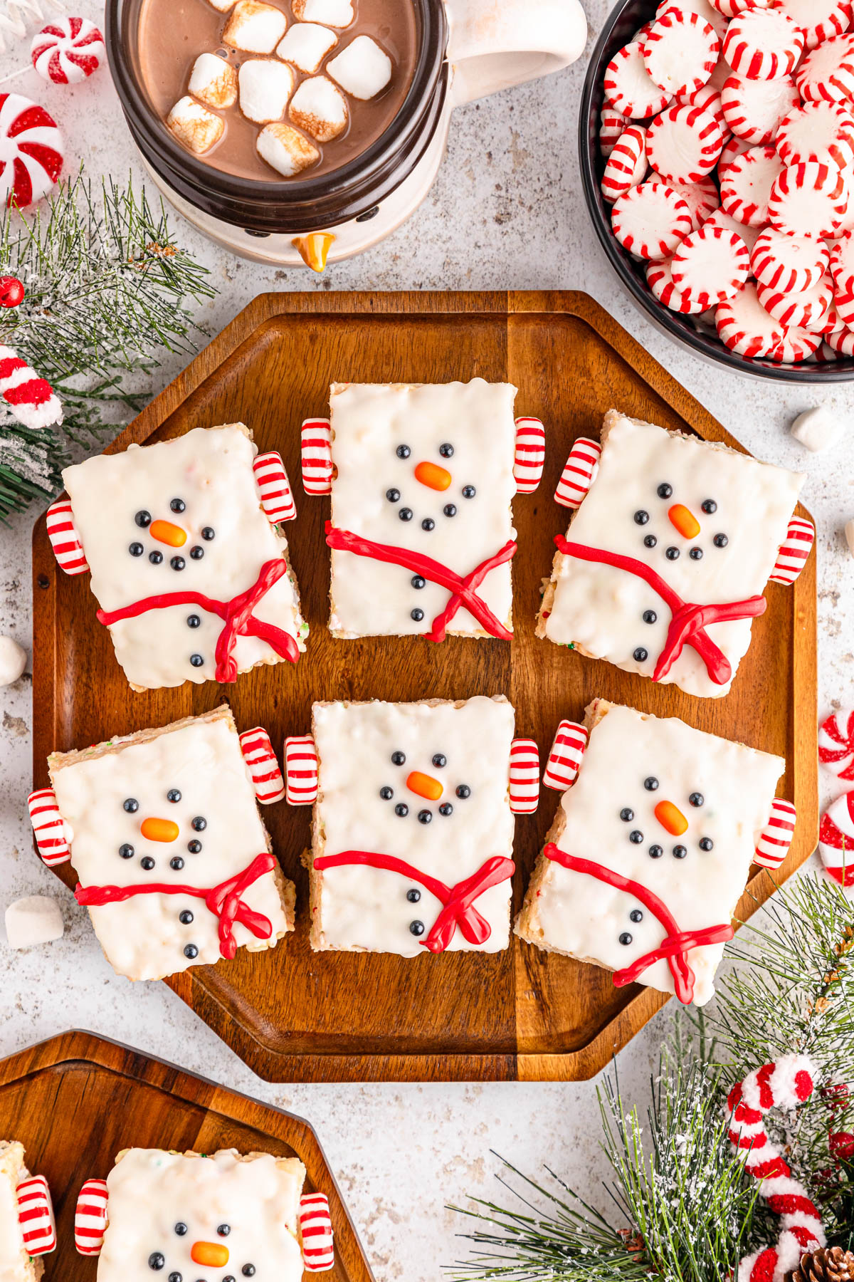 Snowman treats on a tray with peppermints