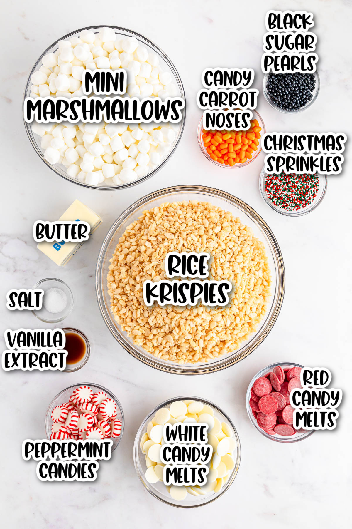 The ingredients for Snowman rice krispie treats