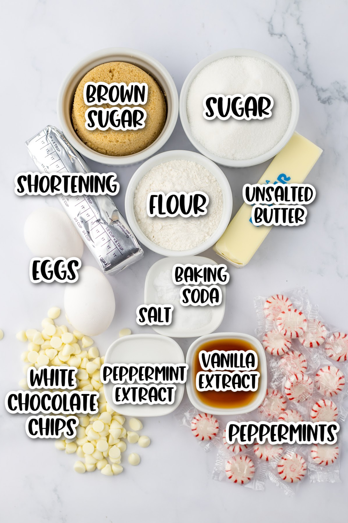 A list of ingredients for a white chocolate peppermint cookie.