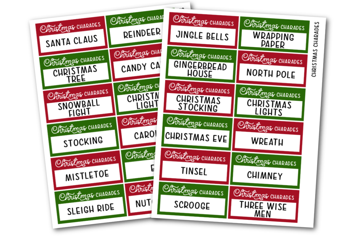 A set of christmas charades cards with a red and green background.