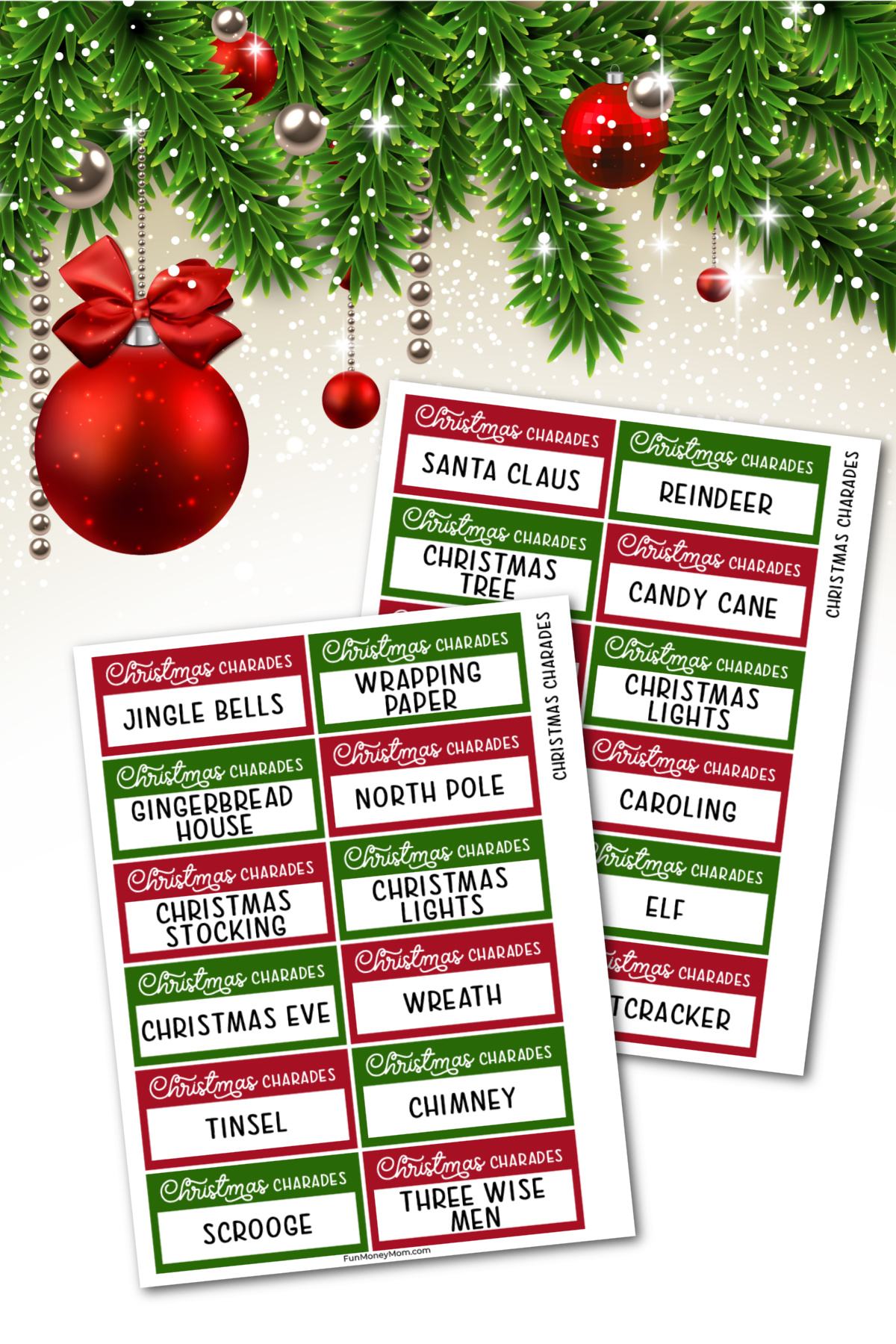 A set of christmas charades cards with a red and green background.