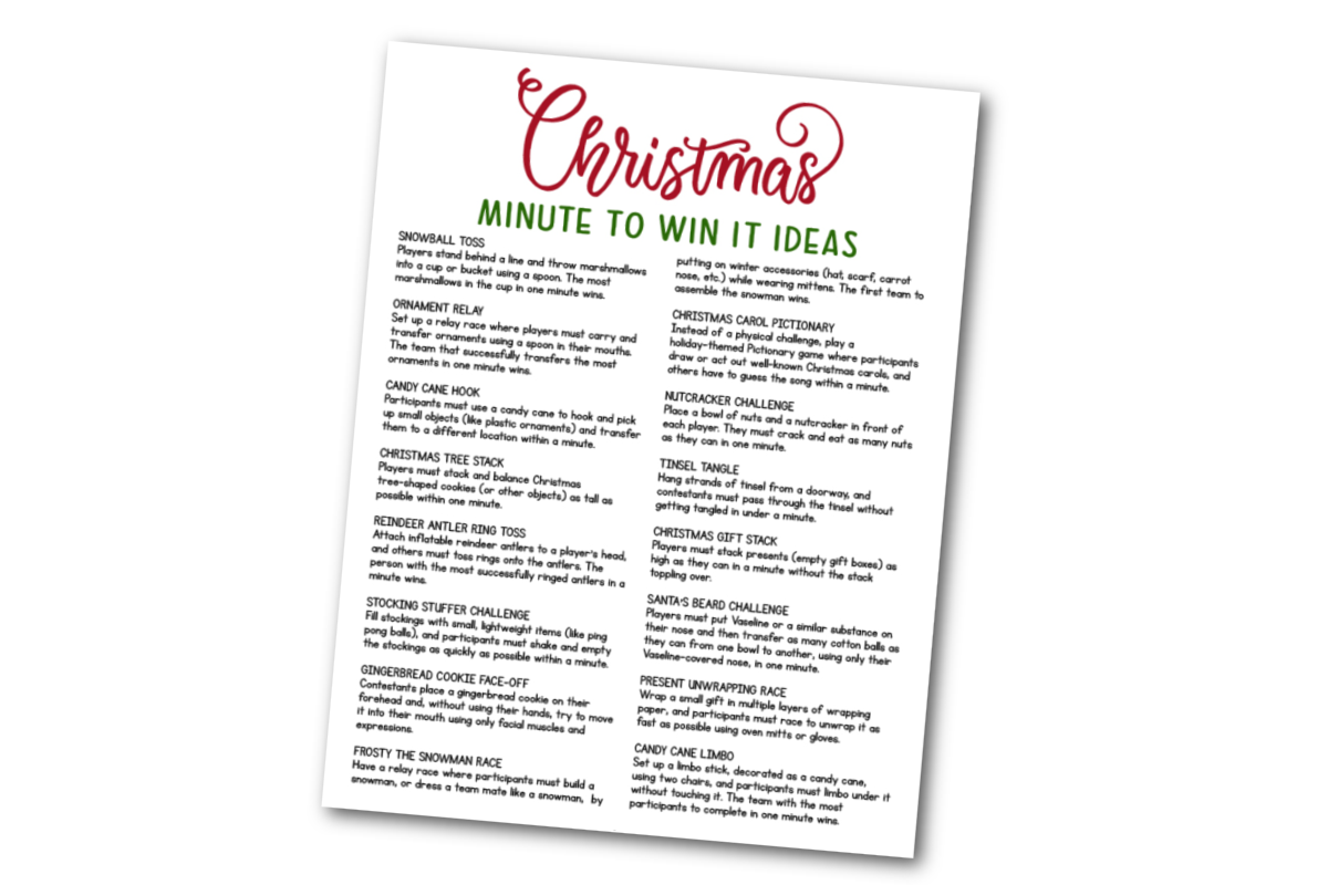 A christmas printable with minute to win it game ideas