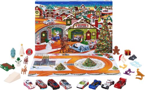 A christmas advent calendar with toys and cars.