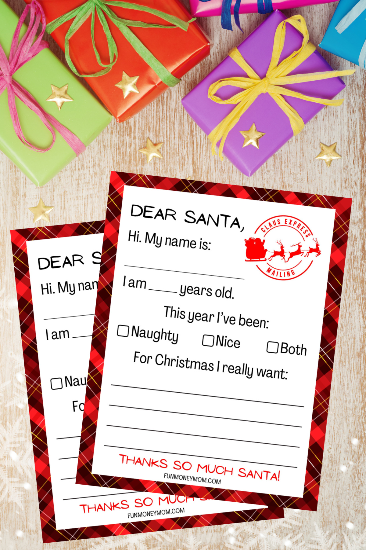 Two Letter To Santa Templates with presents and wood background