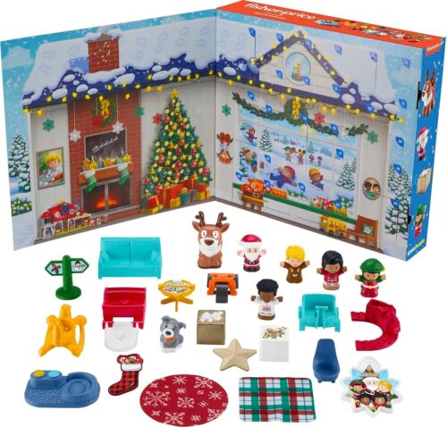 A christmas house with toys and decorations in the box.