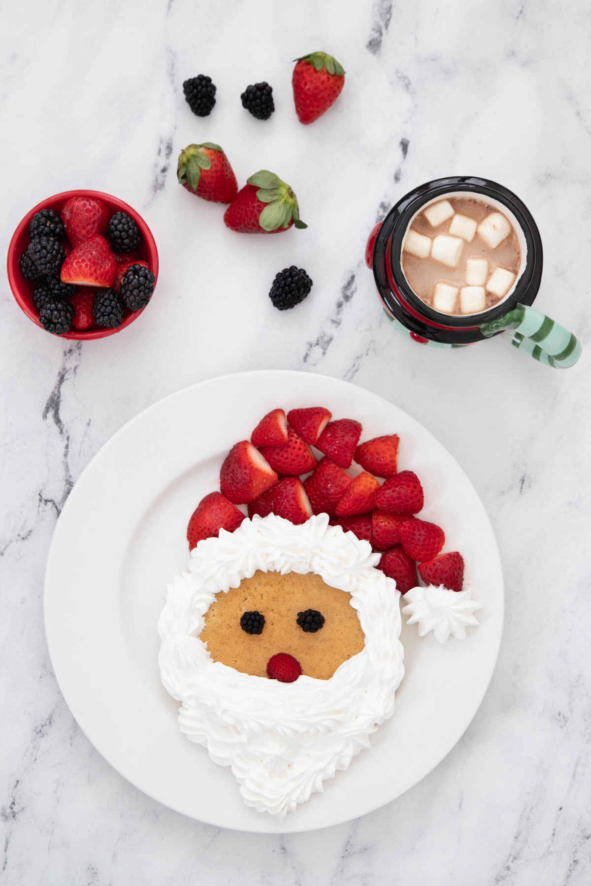 A plate with a santa claus pancake on it.