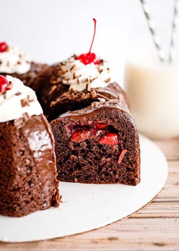 A festive chocolate bundt cake adorned with cherries