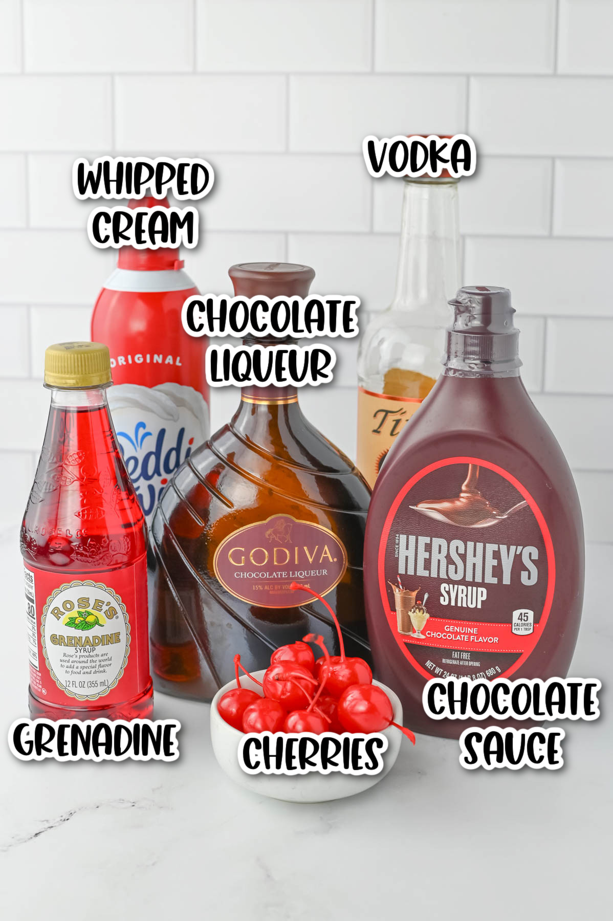 A list of ingredients for a chocolate covered cherry shots