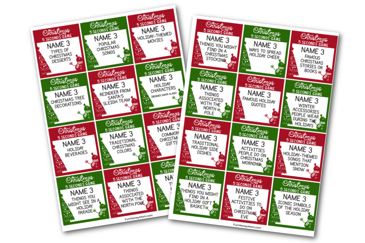 Printables for playing the Christmas 5 Seconds Game