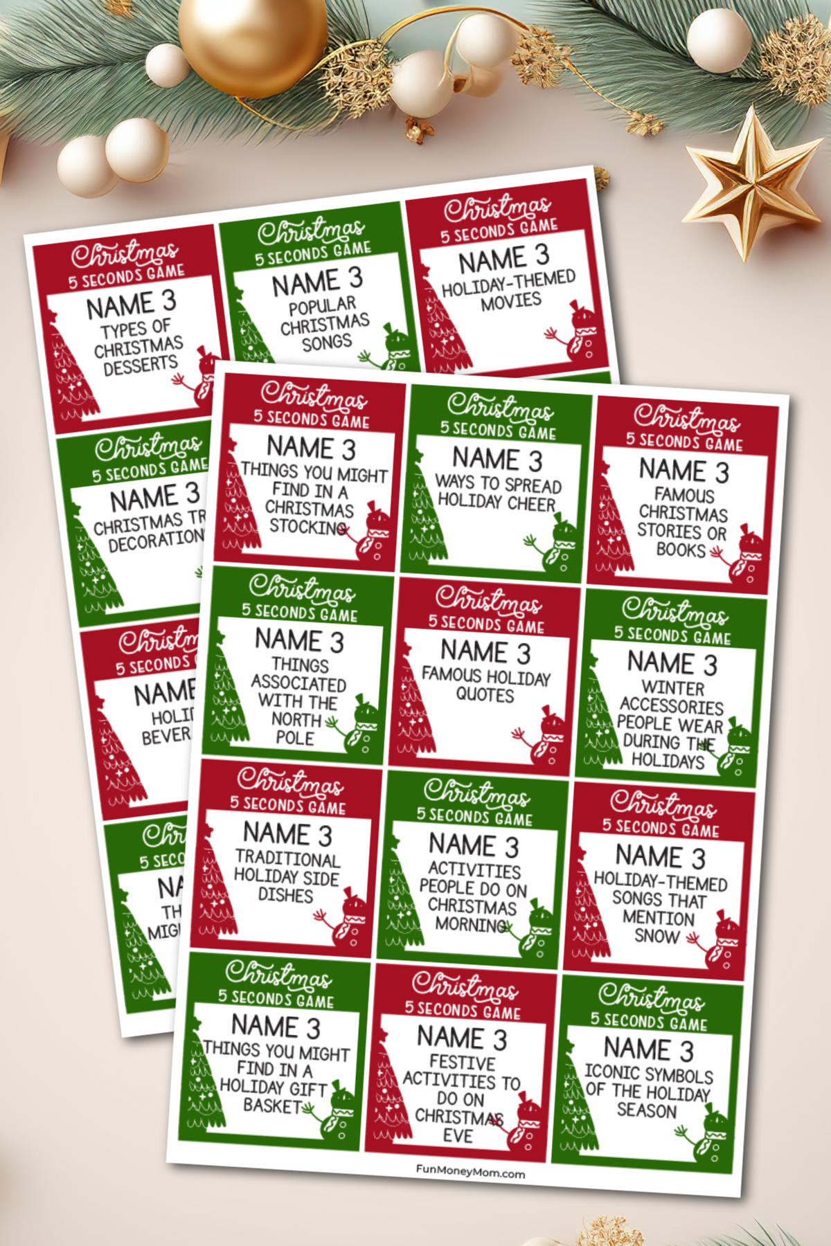 Printables for playing the Christmas 5 Seconds Game on Christmas background