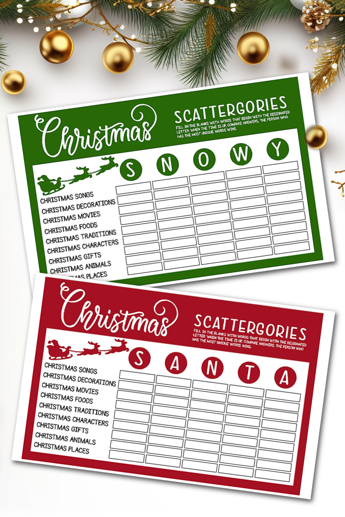 Christmas scattergories game printables.
