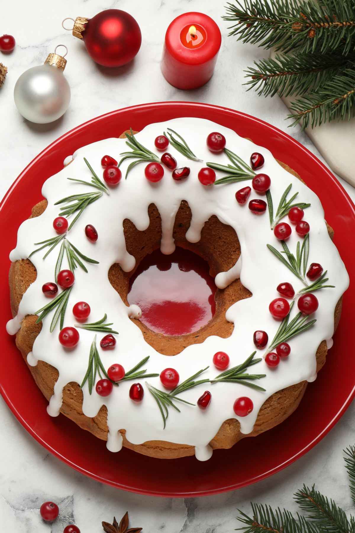 A christmas cake with icing and berries on a red plate.