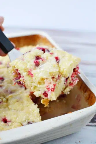 A delectable cranberry Christmas cake in a baking dish.