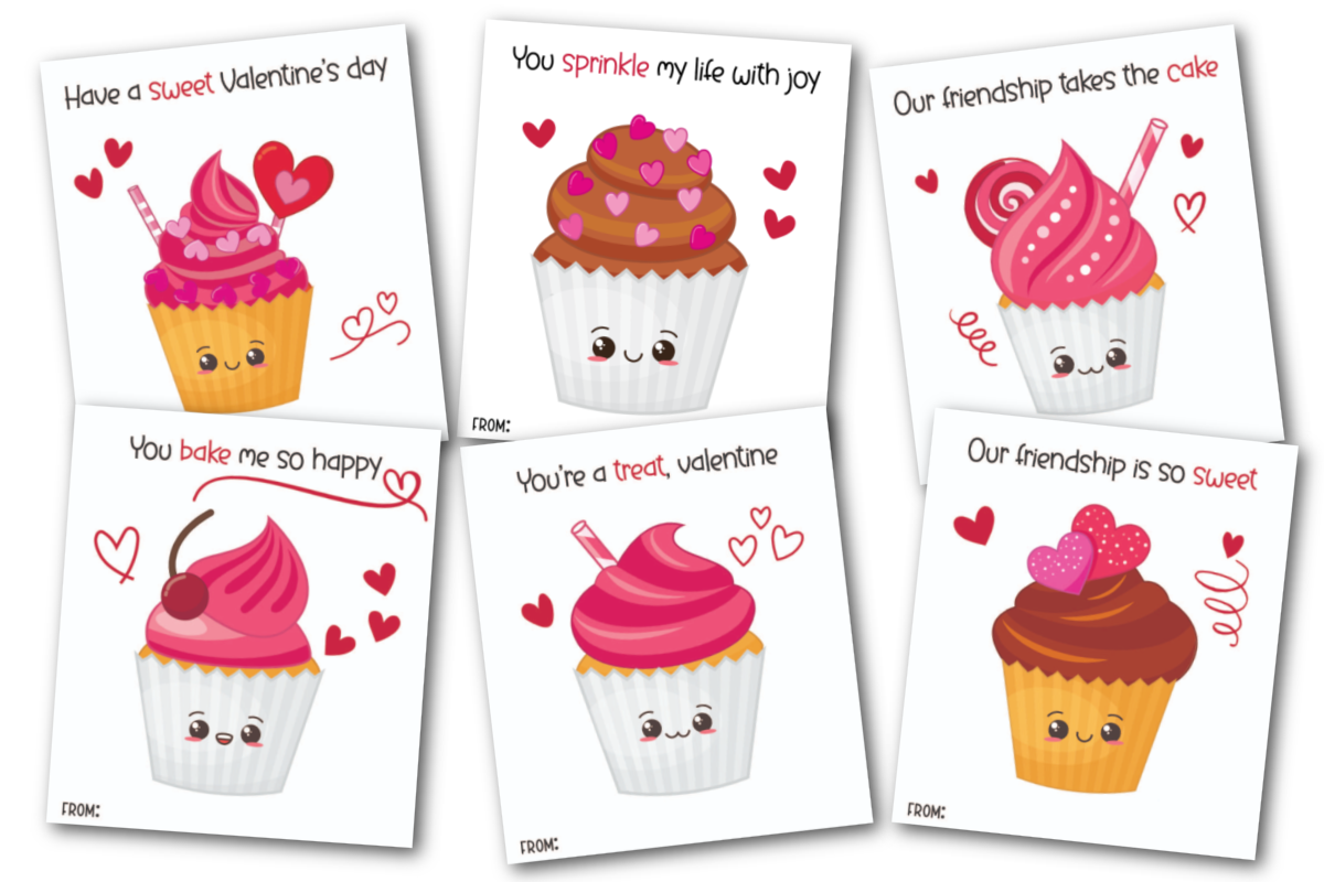 Cupcake valentine's day cards for kids on blank background