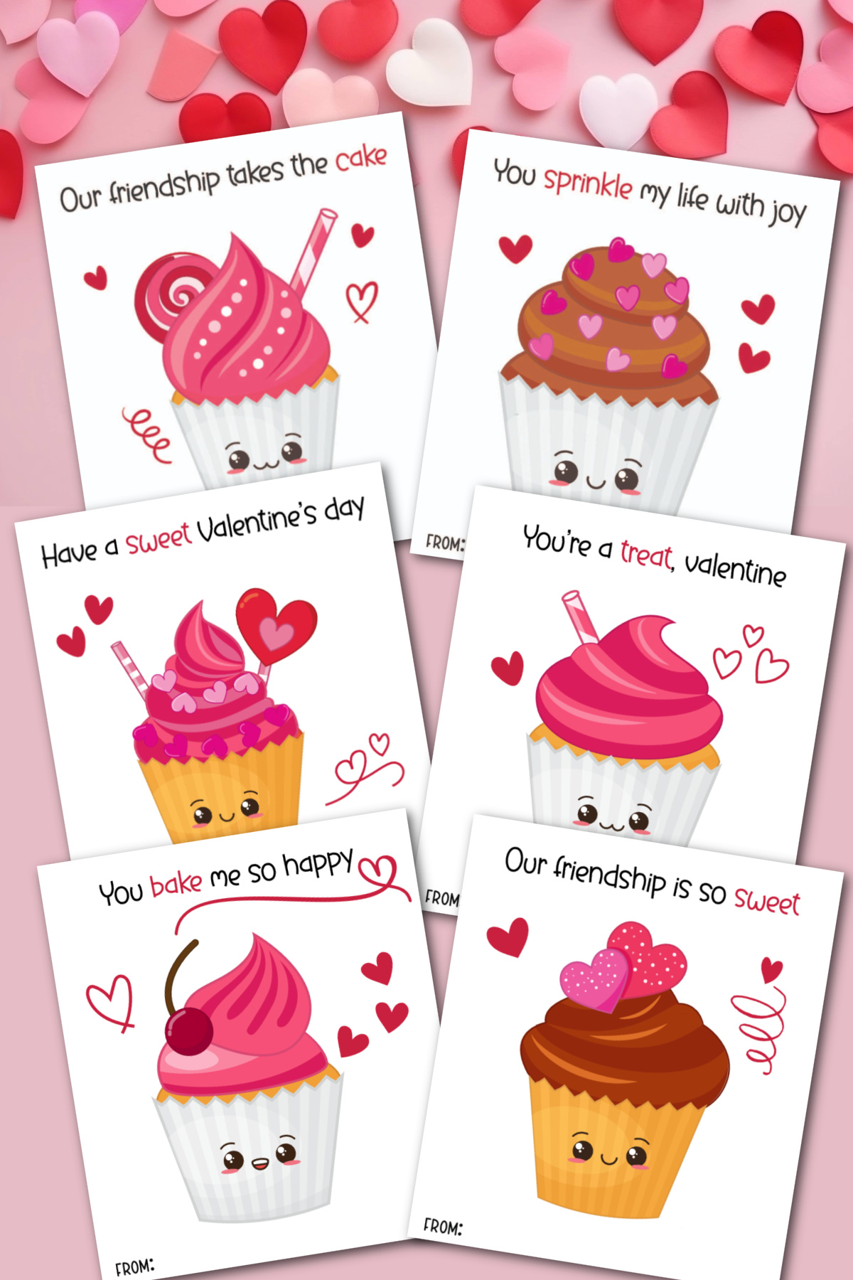 Cupcake valentine's day cards on pink background