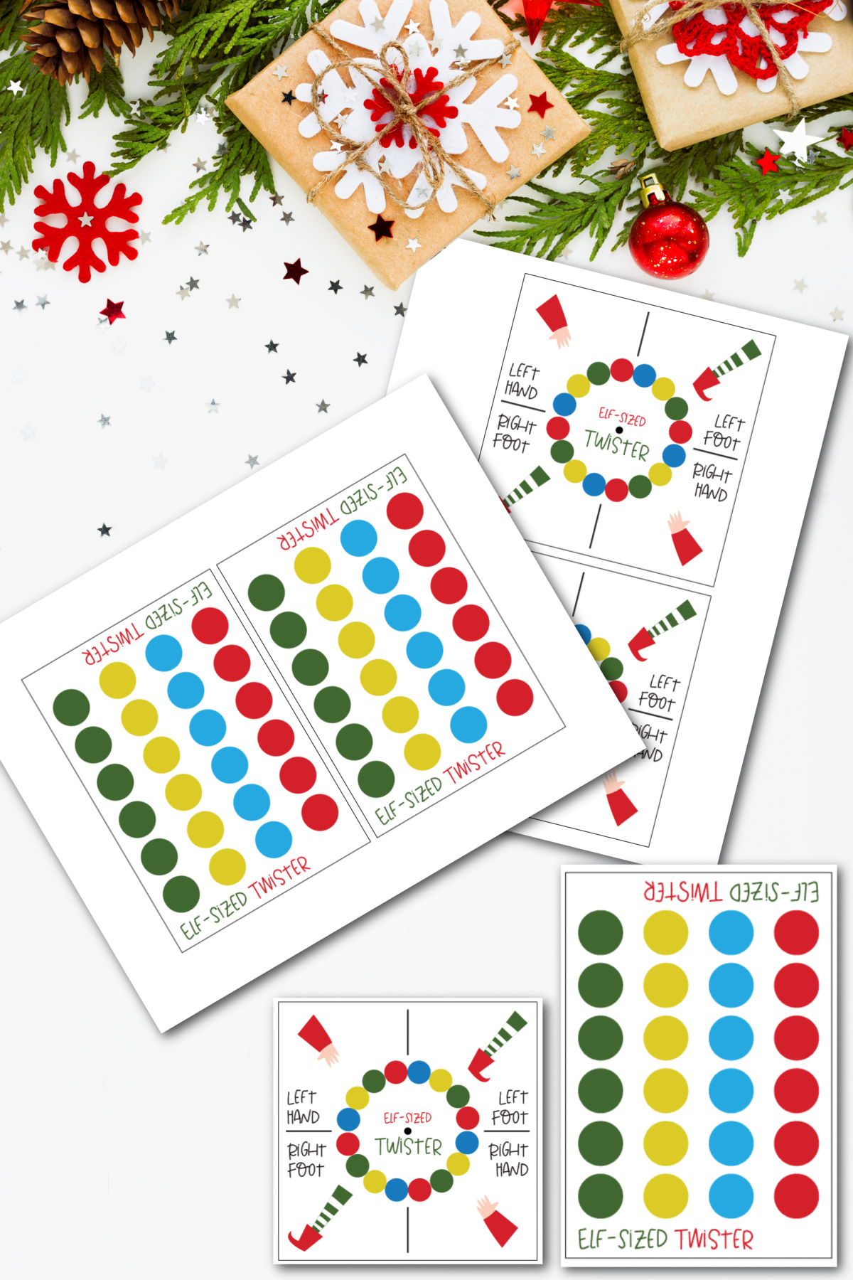 A set of christmas twister cards with a christmas tree and ornaments.