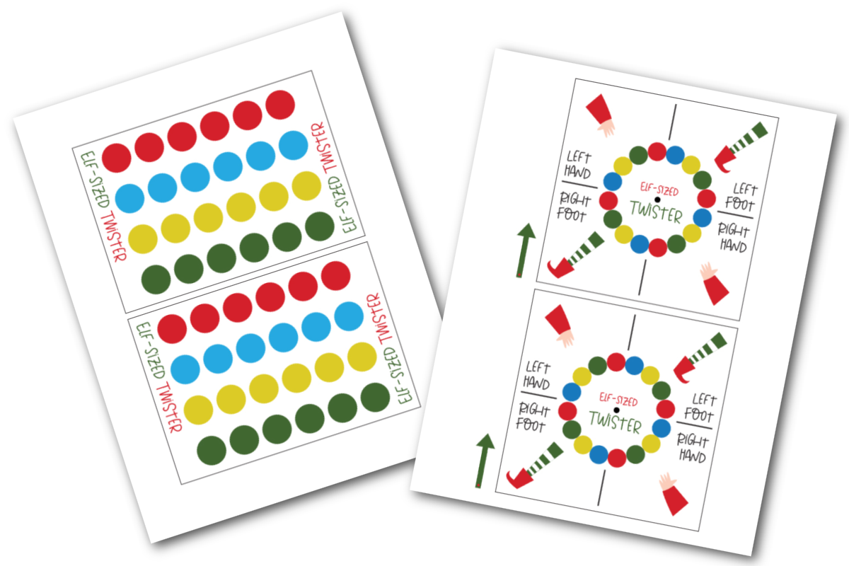 A set of twister cards with different colors of dots on them.