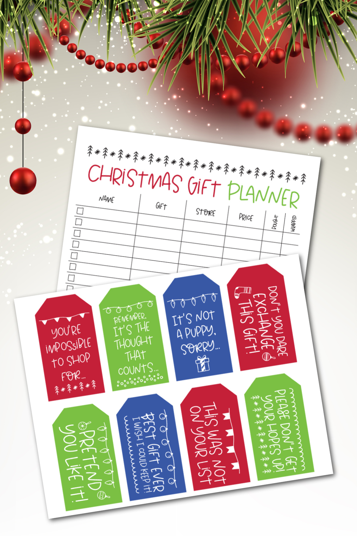A Christmas planner and funny gift tags