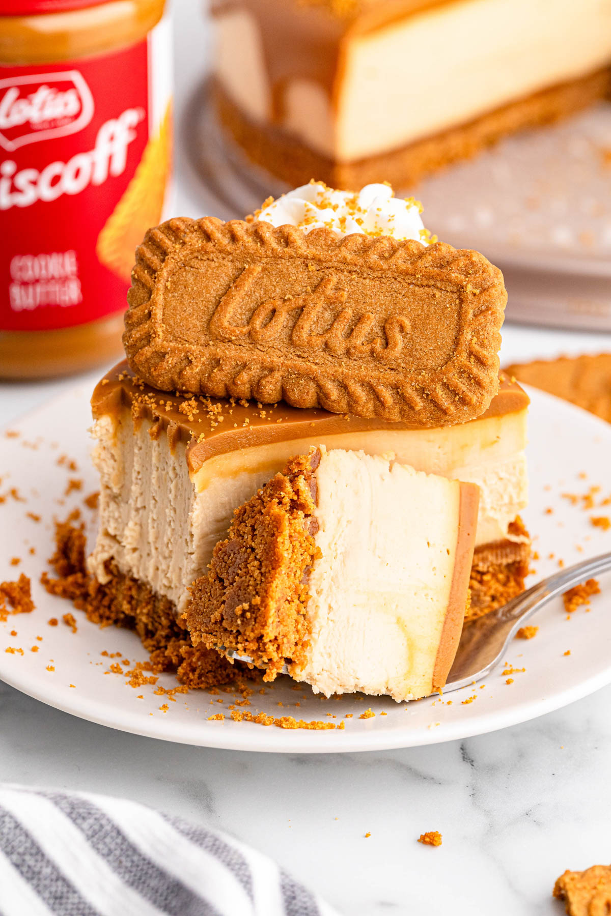 A piece of Biscoff cheesecake on a plate.